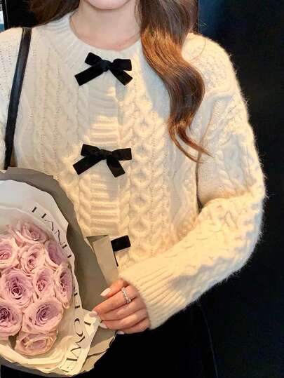 DAZY 女士撞色蝴蝶结装饰简约日常开衫、长袖上衣