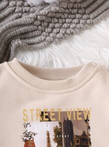 Bộ 2 bộ áo trễ vai và quần lưng thun in chữ kiến trúc cổ điển cho bé gái, trang phục thường ngày thoải mái cho mùa xuân thu đông - Màu be - Xem 4