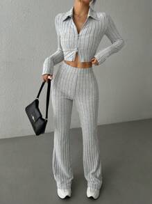 SHEIN EZwear SHEIN EZwear Autumn Zippered Ribbed Knit Cropped T-Shirt And Flared Pants Two-Piece Set