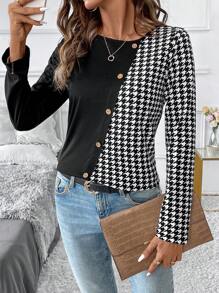 SHEIN Clasi Áo thun nữ cổ tròn tay dài họa tiết Houndstooth chắp vá mùa xuân/hè trang trí nút thường ngày đông thu quần áo nữ lễ tạ ơn halloween quần áo đi làm về quê cho nữ áo phông đêm hẹn hò - Đen và trắng - Xem 6
