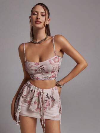 SHEINNeu 2pcs/Set Women Floral Print Ruched Crop Top + Asymmetric Hem Flowy Skirt, Fall/Winter, Baby Pink