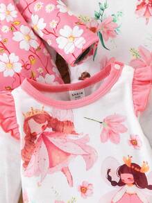 Baby Girls  Fairy Floral Pattern Front Sleeves Ruffled Long Sleeves Three-Piece Bodysuit