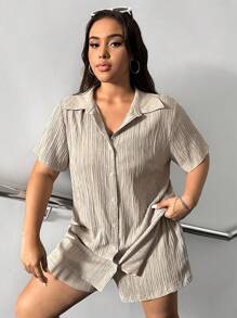 SHEIN EZwear Plus Size Áo Vest Màu Trơn + Hàng Trước Áo Sơ Mi Tay Ngắn + Thắt Nút Quần Short Bộ Ba Món Thường Ngày Mùa Hè - Màu be - Xem 7