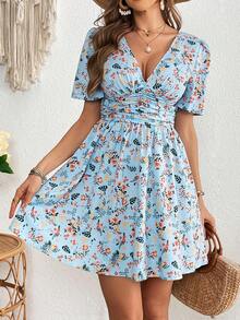 SHEIN VCAY Váy ngắn tay cổ chữ V sâu in hoa thường ngày dành cho nữ - Màu xanh lam - Xem 3
