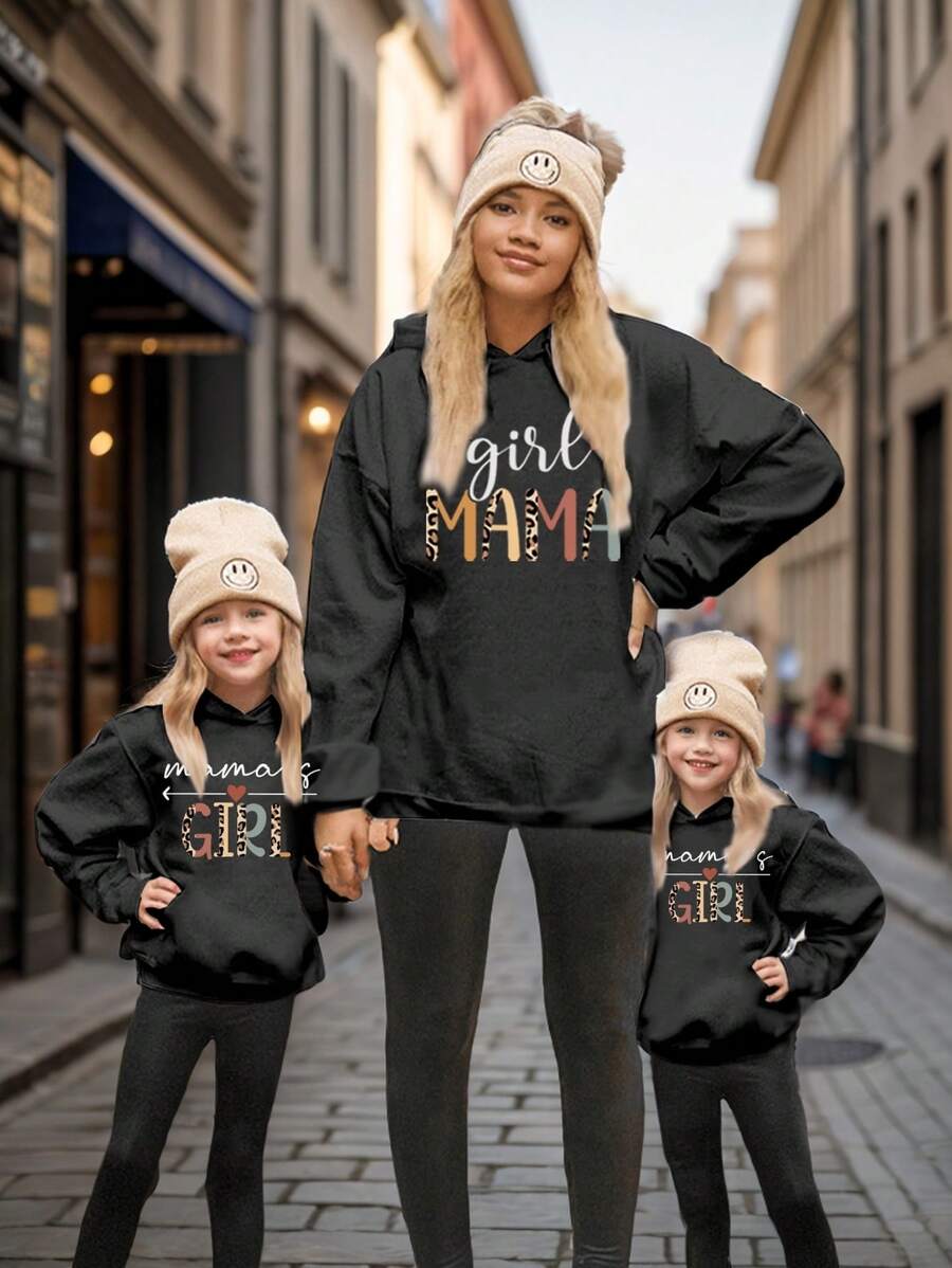 SHEIN 1 pieza Sudadera con capucha con estampado de eslogan informal para niñas preadolescentes con forro térmico, otoño/invierno. Combinación familiar - Mamá e hija (se venden por separado 3 piezas) - Negro - Ver 1