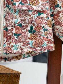 SHEIN Young Girl Floral Print Fur Collar Long Sleeve Padded Coat, Winter - Multicolor - View 4