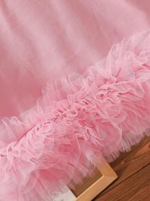 女婴休闲网眼撞色吊带连衣裙配长袖衬衫套装，春秋装 - 粉色 - 查看 5