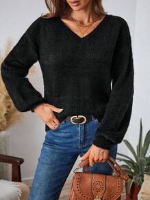 SHEIN LUNE Áo len dệt kim cơ bản dài tay cổ chữ V thông thường dành cho nữ - màu đen - Xem 5