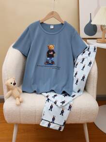 Tween Boy Pajamas Set, Bear Print Round Neck Short Sleeve + Shorts, Casual Loose 2pcs Loungewear Set - Multicolor - View 3