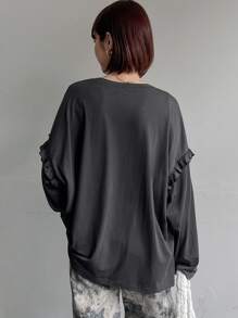 FRIFUL Camiseta gris de manga larga con estampado de letras, volantes y parches, ropa de otoño con gráfico - Gris - Ver 6