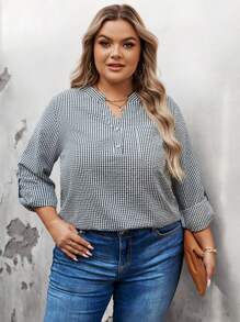 SHEIN LUNE Plus Size Women's Black & White Plaid V-Neck Long Sleeve Blouse Professional Tops Women Tops Plaid Women Shirts Fall Clothes Clothes Business Casual Woman Work Blouse Business Blouse