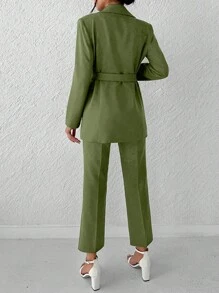 EURMUSE Women's Solid Color Notched Collar Double-Breasted Long Sleeve Fashion Suit Set - Dark Green - View 2