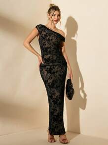 SHEIN BAE Vestido ajustado negro asimétrico con fruncido para mujer, vestido de verano descubierto del hombro, vestido largo de otoño