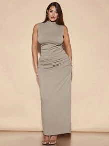 SHEIN BAE 大码女士优雅约会内衣百搭百搭纯色弹力针织轻便开衫搭配高领无袖背心褶皱长裙两件套 - 卡其色 - 查看 1