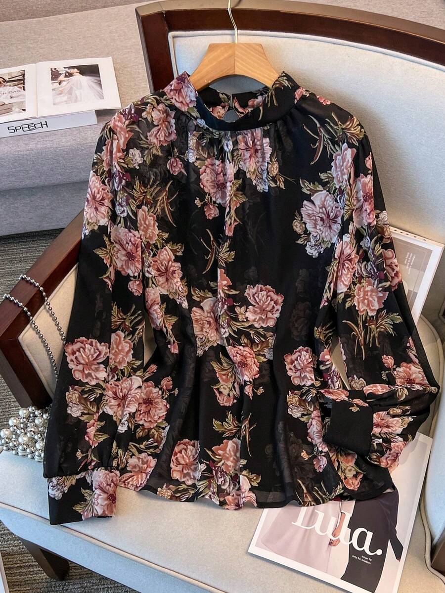 SHEIN Clasi Áo dài tay in hoa cỡ lớn dành cho nữ - màu đen - Xem 1