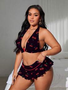 Swim Mod Conjunto de bikini talla grande - Top con escote de halter y espalda descubierta con estampado de toda la prenda y Bottom para playa de verano