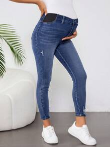 SHEIN Maternity Blue Elastic Skinny Jeans Mom Jeans - Dark Wash - View 4