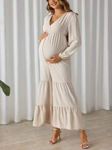 SHEIN Women's Solid Color Simple Daily V-Neck Long Sleeve Jumpsuit, For Maternity - Apricot - View 4