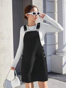 SHEIN Teen Girls Plain Corduroy Pocket Strap Casual Dress - Black - View 6