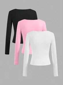 SHEIN EZwear 3 件装方领长袖休闲修身女式 T 恤，夏季 - 彩色 - 查看 2