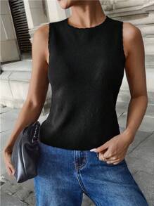 SHEIN Essnce Jersey sin mangas de punto de unicolor para mujer, prenda de vestir informal de verano, parte superior de punto de jersey en negro, ropa de vuelta al colegio, ropa de profesores - Negro - Ver 2