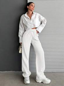 EURMUSE Women's Drawstring Solid Color Simple Straight Leg Casual Sports Versatile Pants City Break Plain White Summer - White - View 3