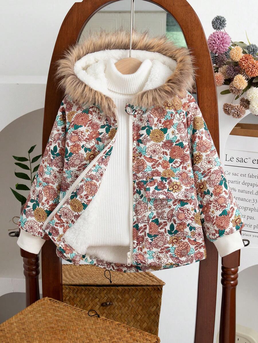 SHEIN Young Girl Floral Print Fur Collar Long Sleeve Padded Coat, Winter - Multicolor - View 1