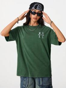 SHEIN EZwear 女士休闲基本款水洗刺绣百搭绿色 T 恤 - 軍綠色 - 查看 4