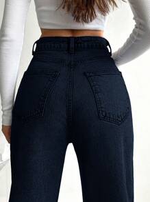 SHEIN Cottnline High Waist Wide Leg Jeans - Navy Blue - View 2