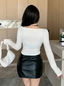 DAZY 女士圆领镂空长袖柔软甜美优雅魅力时尚T恤秋装 - 白色 - 查看 5