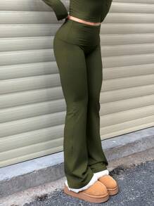 Pantalones anchos de cintura ancha de unicolor casual para mujer, leggings delgados de cintura alta con pliegues