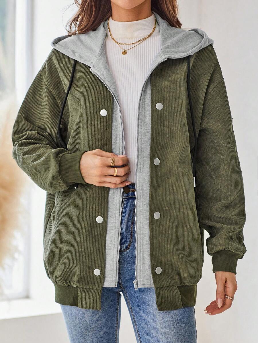 EMERY ROSE Women Color Blocking Simple Daily Long Sleeve Hooded Jacket - Army Green - View 1