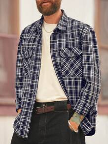 Manfinity Homme Retro American Style Men's Plaid Loose Fit Denim Shirt - Dark Wash - View 5