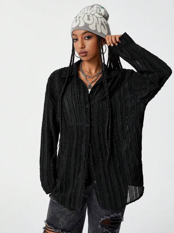 SHEIN EZwear Texture Fabric Women Oversized Drop-Shoulder Long Sleeve Shirt Blouse,Spring/Fall/Winter
