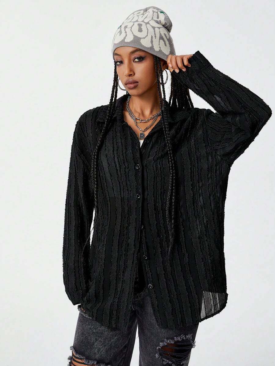 SHEIN EZwear Texture Fabric Women Oversized Drop-Shoulder Long Sleeve Shirt Blouse,Spring/Fall/Winter - Black - View 1