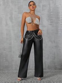 Pantalones casuales sencillos con decoración de cadena de unicolor para mujer