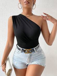VaVaBold Solid Top,Ladies Casual Ruched Asymmetrical Neck Slim Fit Black Plain Women Tops,Spring/Summer,Casual Daily Wear - Black - View 9