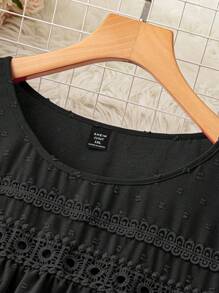 SHEIN LUNE 大码女式纯色简约休闲提花衬衫 - 黑色 - 查看 4