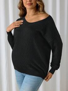 SHEIN Maternity Plain Simple Round Neck Long Sleeve Black Sweater, For Winter - Black - View 4
