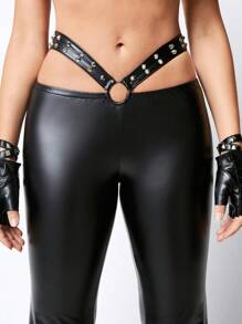 ROMWE Grunge Punk Quần da cạp thấp cạp trễ đính đá Y2K - màu đen - Xem 2