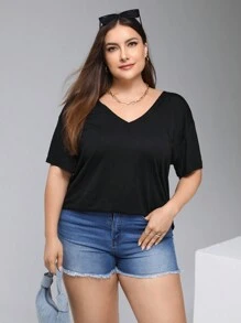 SHEIN Essnce Camiseta negra de escote en V y espalda descubierta para mujer de talla grande, camiseta entallada para volver al colegio - Negro - Ver 2