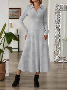 EMERY ROSE Women's Solid Color Long Sleeve Collared Ribbed Long Casual Dress Office Dress - Grey - View 1