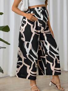 SHEIN Maternity High Waist Wide Leg Random Print Pants - Black - View 2