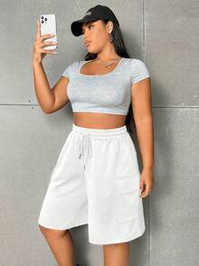 Flirla Short à cordon de serrage simple en couleur unie pour femme grande taille, usage quotidien - Blanc - Voir 5