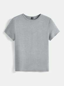 SHEIN BASICS Plus Size Solid Color Round Neck Slim Fit T-Shirt For Summer Casual Wear - Grey - View 1