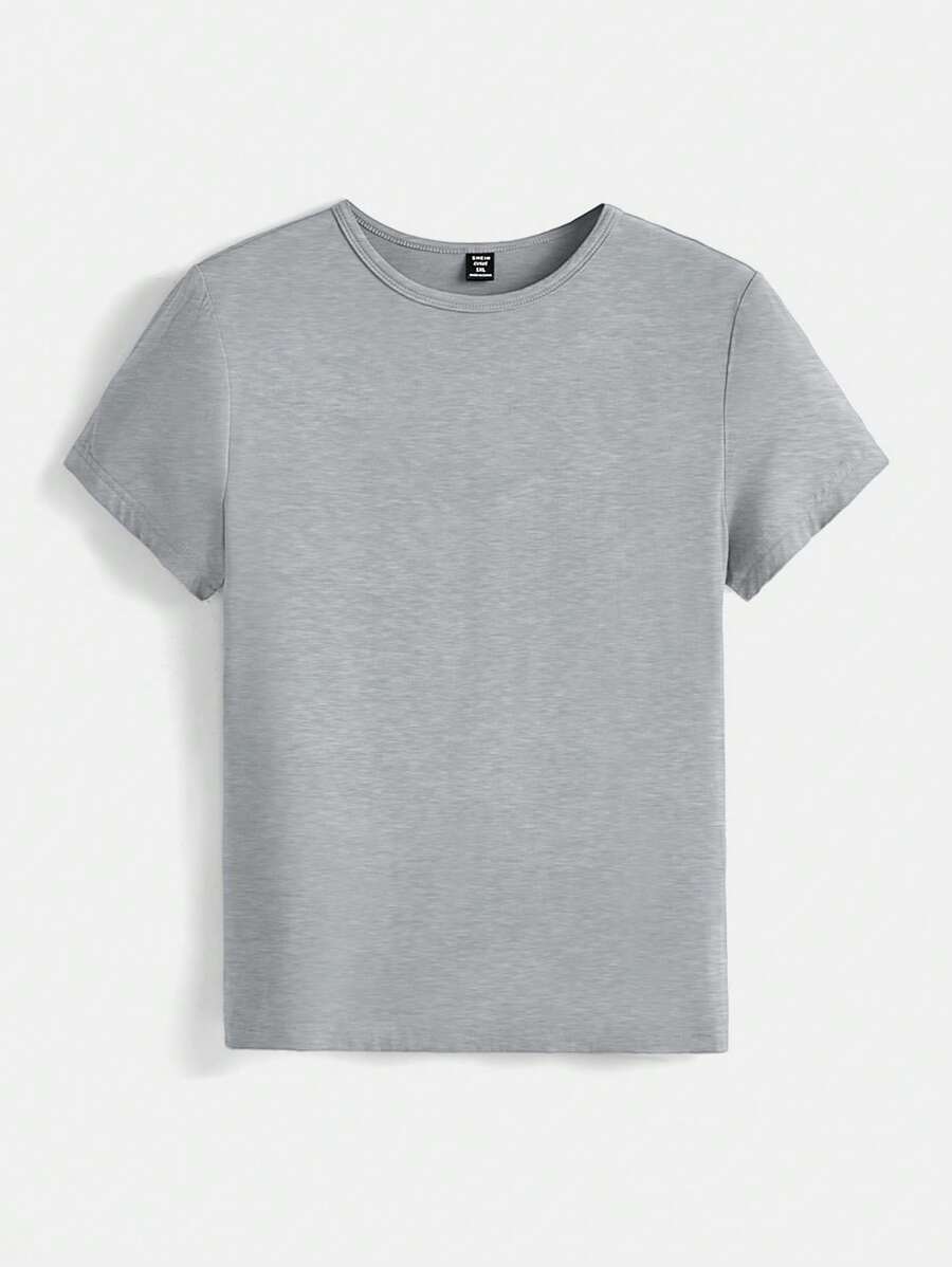 SHEIN BASICS Plus Size Solid Color Round Neck Slim Fit T-Shirt For Summer Casual Wear - Grey - View 1
