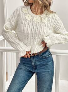 SHEIN LUNE Women Spring And Summer Casual Solid Color Sweater With Three-Dimensional Flowers, Knit Pullover Fall Winter - Beige - View 1