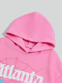 Flirla Loose Fit Spider Web & Star Graphic Print Open Shoulder Hoodie Sweatshirt, Casual