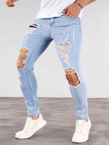 Manfinity Homme Men Pocket Ripped Casual Denim Skinny Trousers