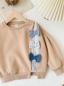 SHEIN LMoss Kids LMoss Young Girl 针织纯色圆领拼布编织格子蝴蝶结休闲运动衫 - 卡其色 - 查看 4